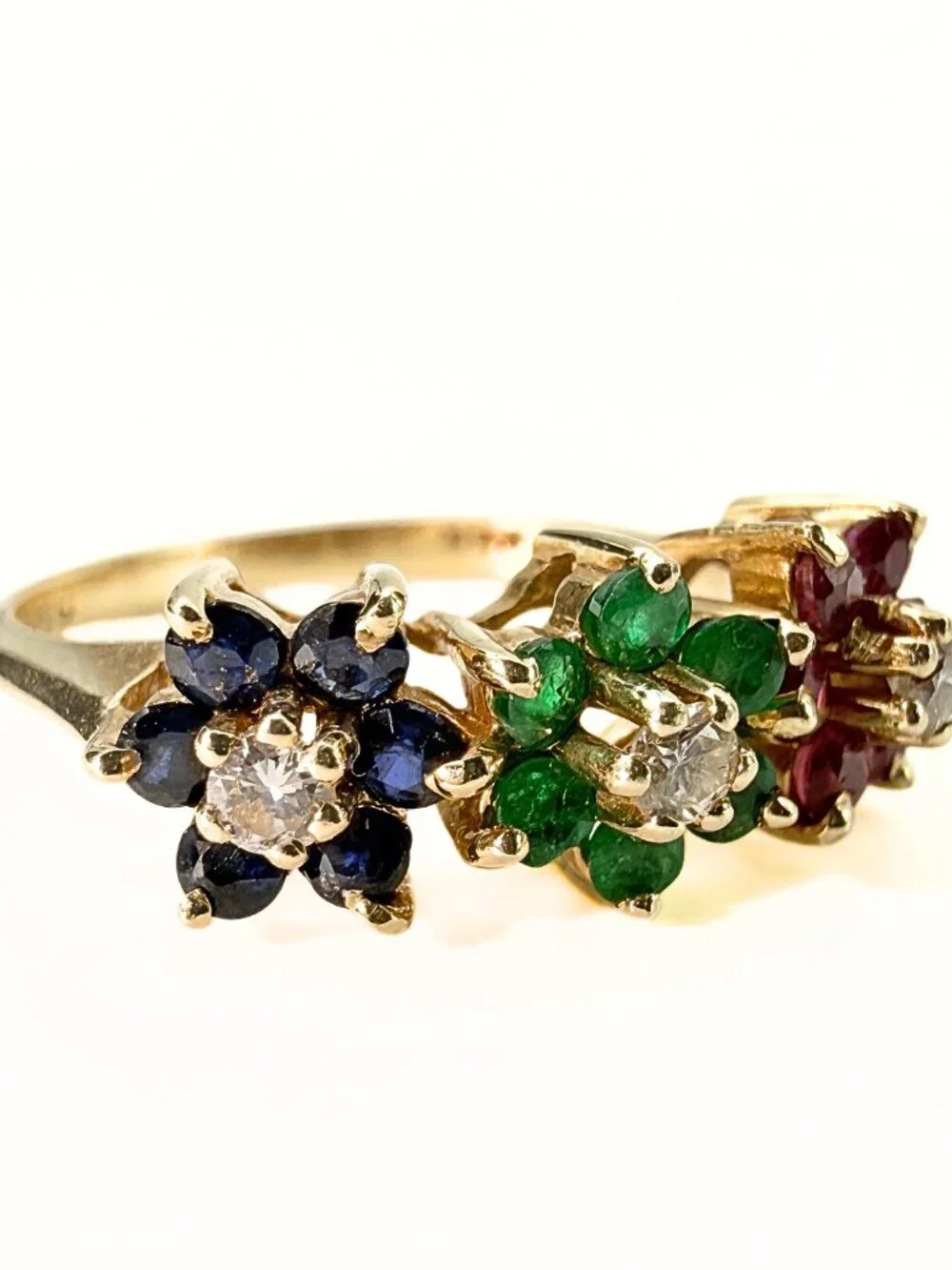 Estate 14K Gold Lab Emerald Diamonds Ruby Sapphire Floral Cluster Ring Sz 5